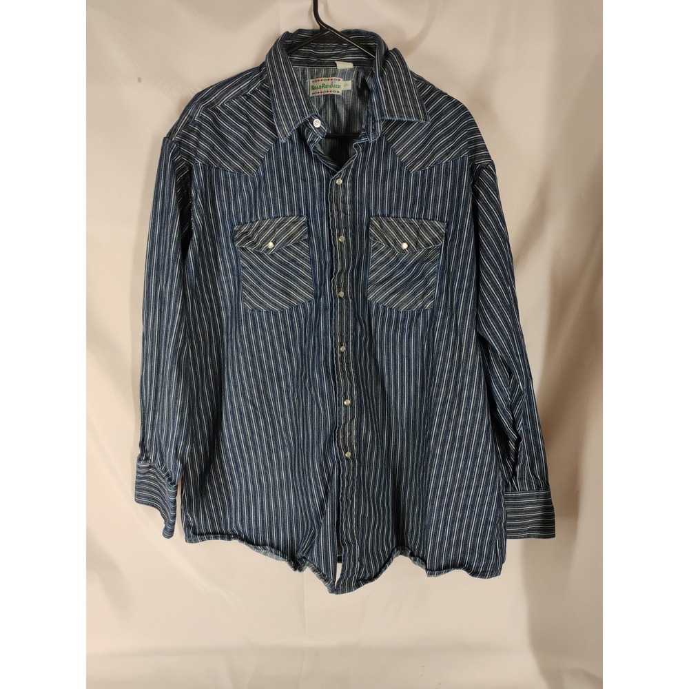 Vtg Road Runner Mens 2XL XXL Pearl Snap Button Up Shirt‎ Blue Striped Western